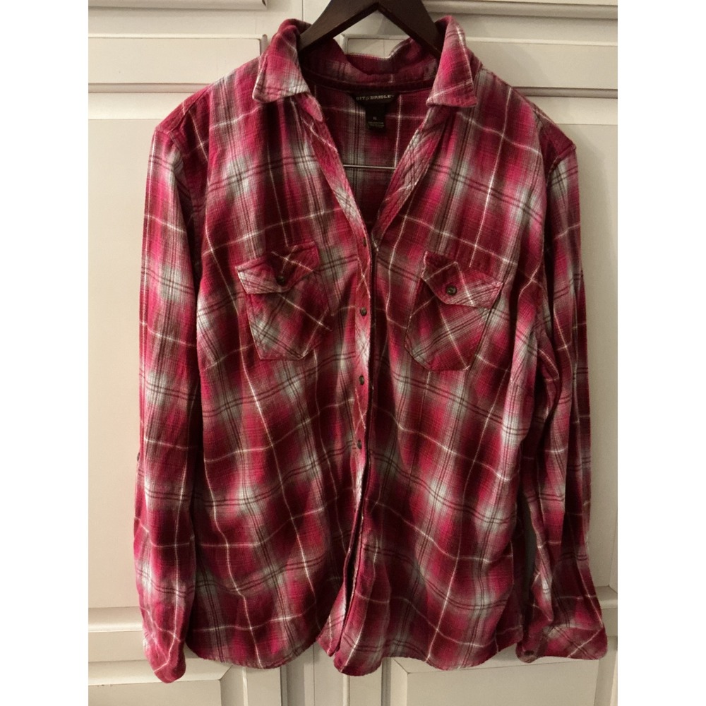 Bit & Bridle Red Plaid Flannel Shirt Womens XL Cotton Button Down Long Sleeve